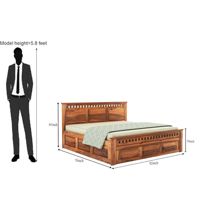 Royal Marwar Solid Sheesham Wood Storage Bed | King Size | Premium Honey Finish | Wooden Bed with Box Storage