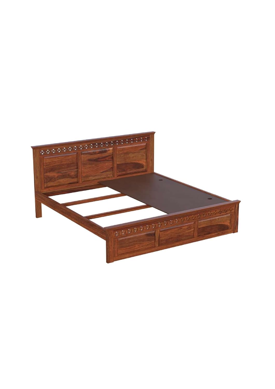 Royal Marwar Solid Sheesham Wood Queen Size Bed | Handcrafted Panel Design | Premium Honey Finish | Wooden Bed Without Storage