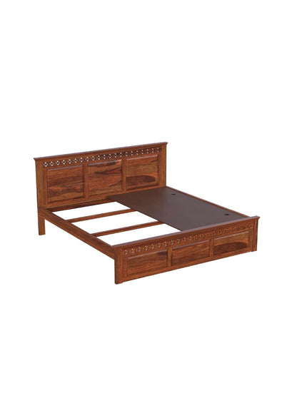 Royal Marwar Solid Sheesham Wood Queen Size Bed | Handcrafted Panel Design | Premium Honey Finish | Wooden Bed Without Storage