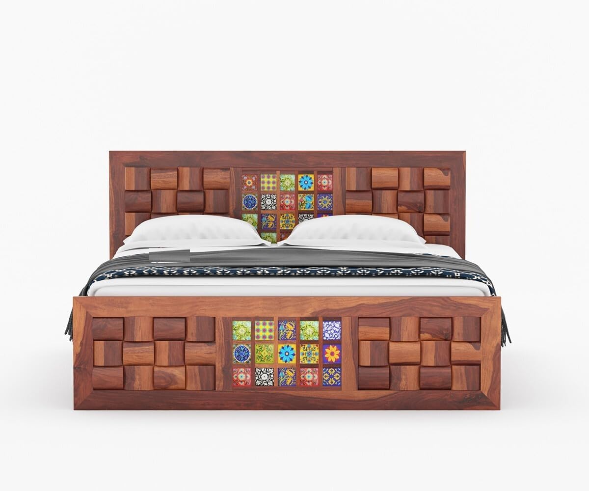 Royal Marwar Solid Sheesham Wood Queen Size Storage Bed | Decorative Tile Panel Design | Premium Honey Finish | Wooden Bed with Box Storage