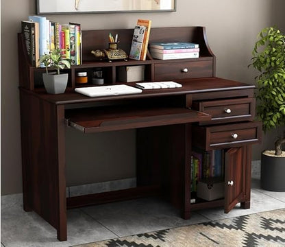 Royal Marwar Solid Mango Wood Study Table with Hutch | Wooden Computer Desk with Storage Cabinet & Drawers | Walnut Finish