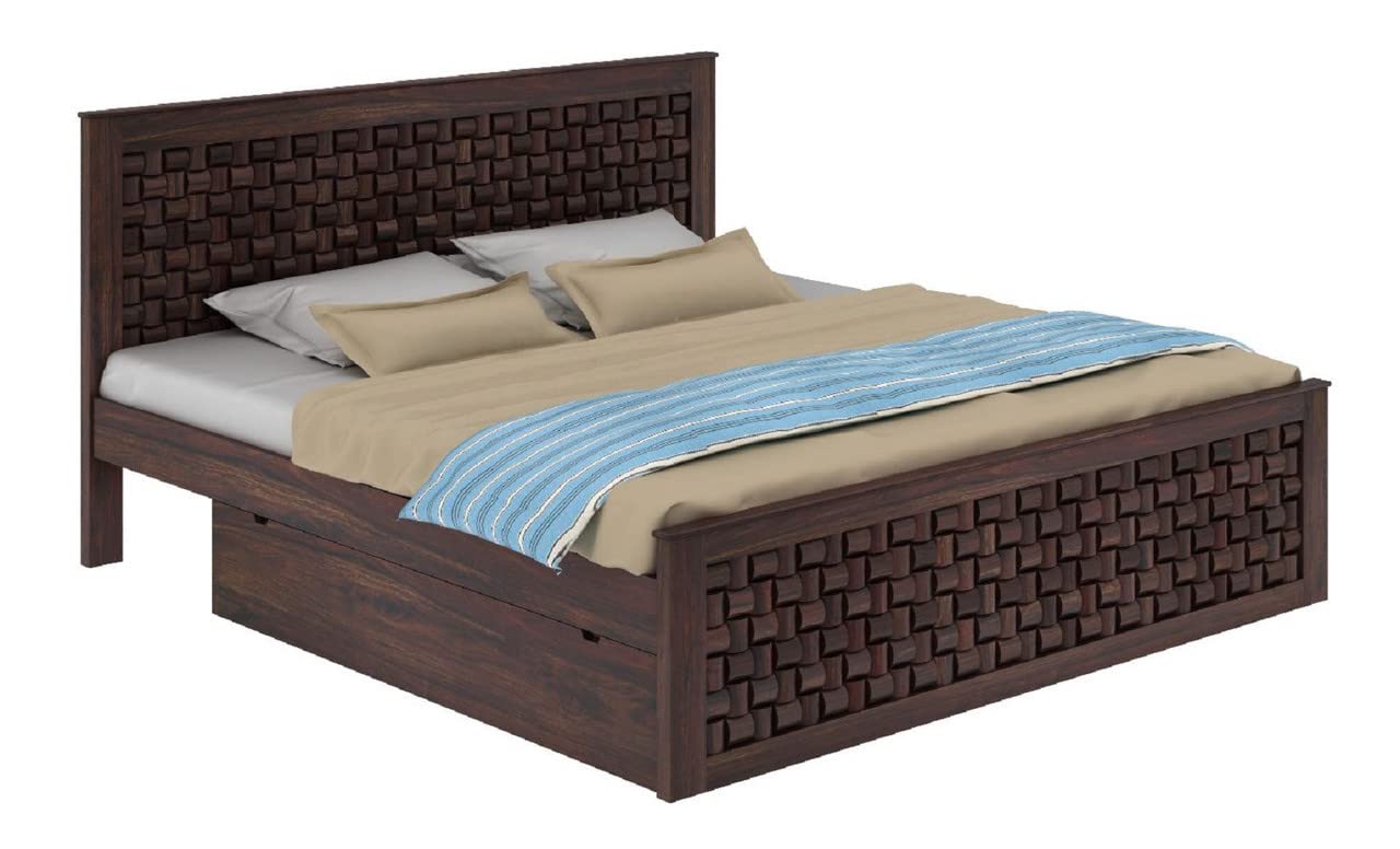 Royal Marwar Solid Sheesham Wood Queen Size Bed | Handcrafted Woven Panel Design | Premium Walnut Finish | Wooden Bed Storage box
