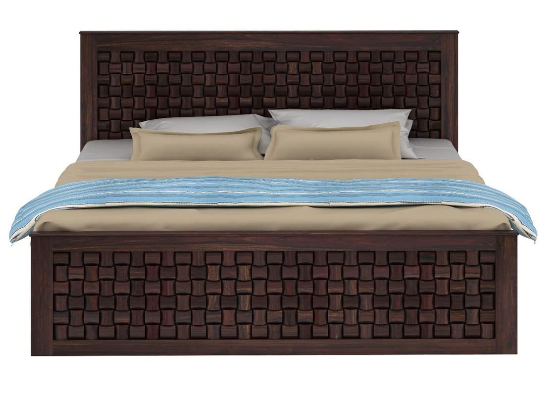 Royal Marwar Solid Sheesham Wood Queen Size Bed | Handcrafted Woven Panel Design | Premium Walnut Finish | Wooden Bed Storage box