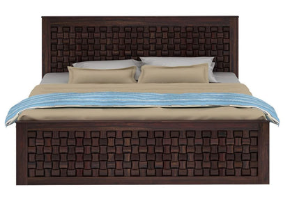 Royal Marwar Solid Sheesham Wood Queen Size Bed | Handcrafted Woven Panel Design | Premium Walnut Finish | Wooden Bed Storage box