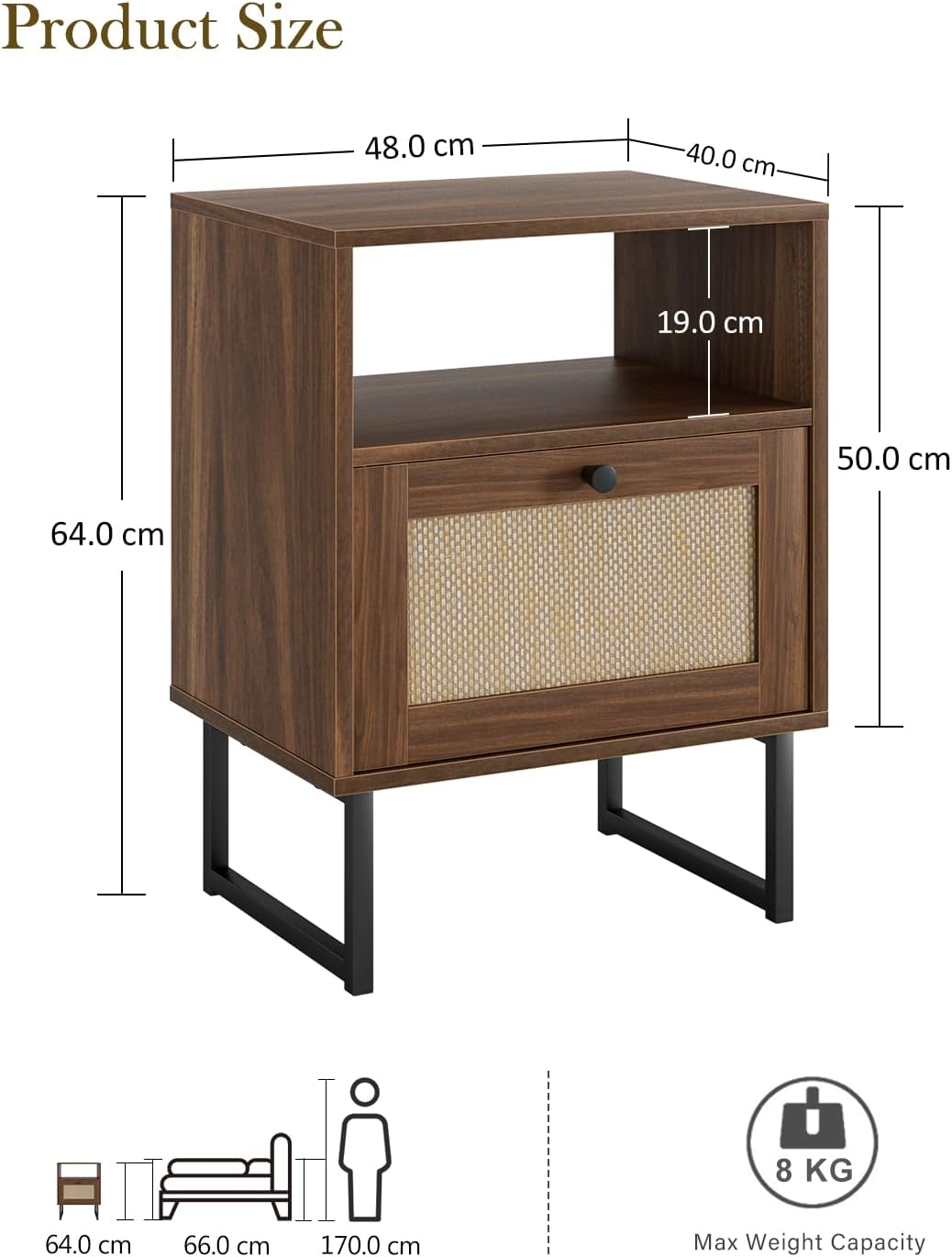 Royal Marwar Solid Mango Wood Bedside Table with Rattan Sliding Door & Open Shelf | Walnut Finish | Modern Nightstand