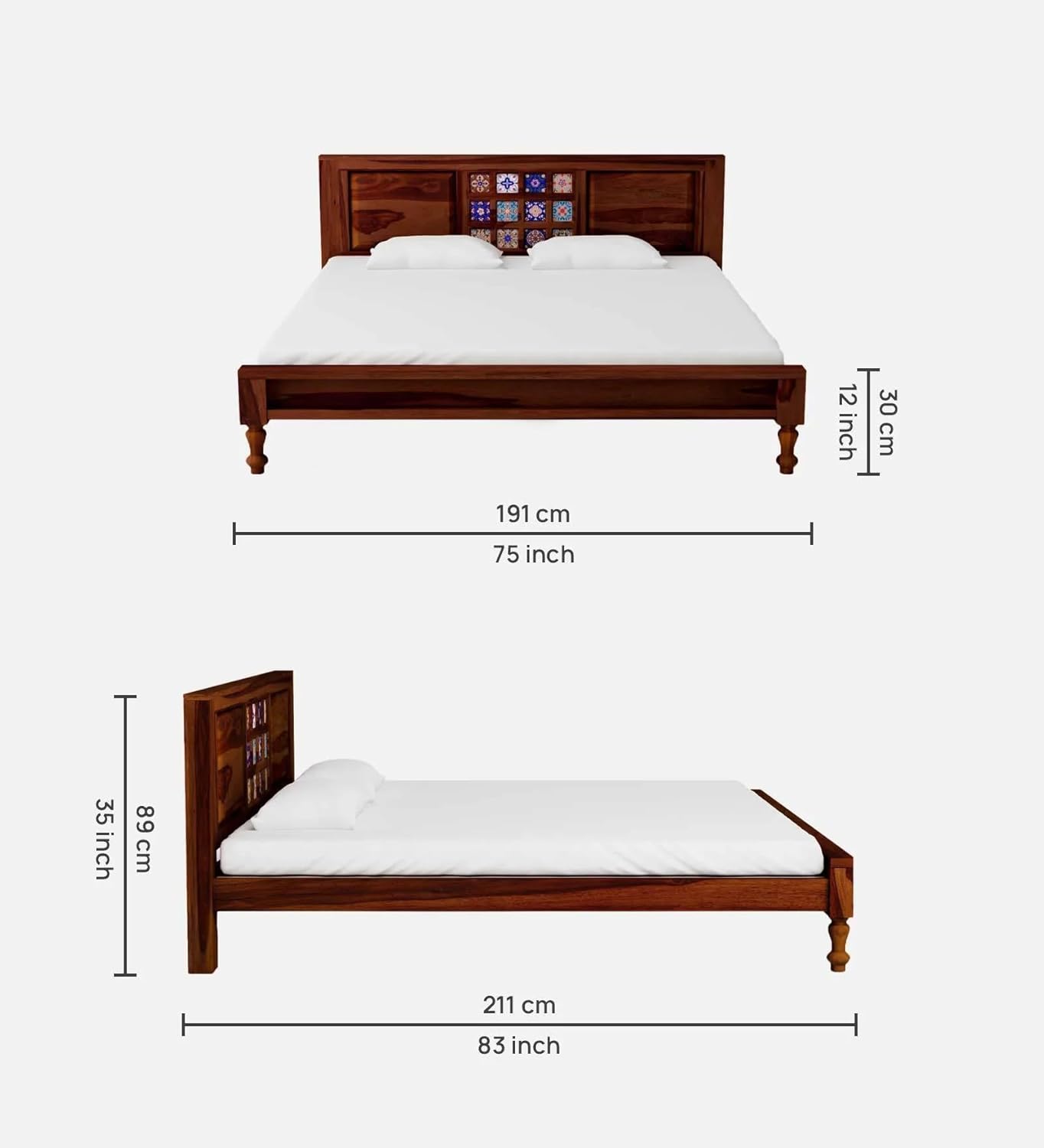 Royal Marwar Solid Sheesham Wood King Size Bed | Premium Honey Finish | Handcrafted Tile Headboard | Wooden Bed Without Storage
