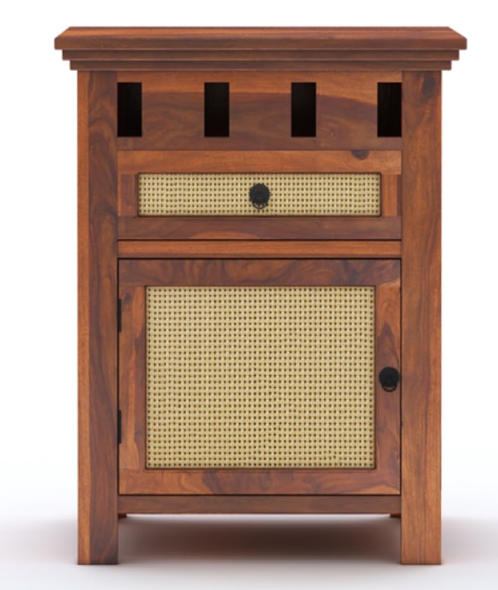 Royal Marwar Solid Sheesham Wood Bedside Table with Cane Door & Drawer | Nightstand | Honey Finish & Walnut Finish