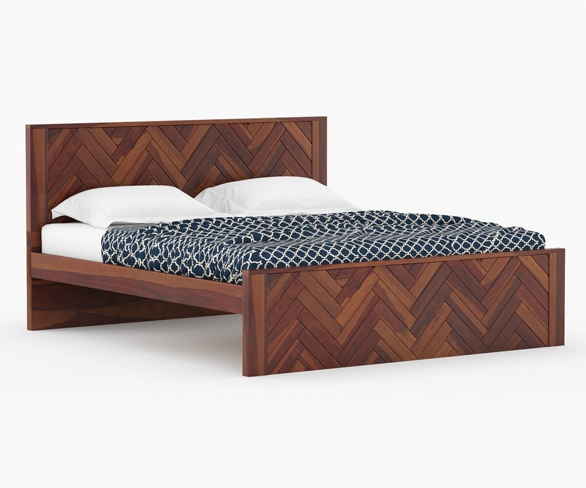 Royal Marwar Solid Sheesham Wood King Size Bed | Herringbone Panel Design | Premium Honey Finish | Wooden Bed Without Storage