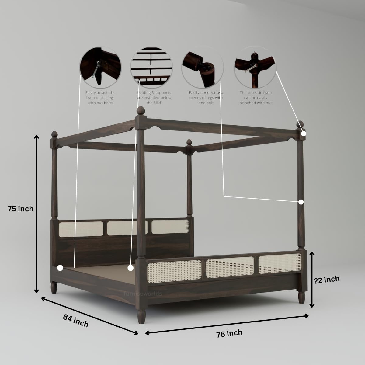 Royal Marwar Solid Sheesham Wood Four Poster Cane Bed | King Size | Premium Canopy Bed | Walnut Finish