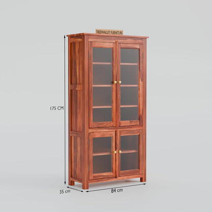 Solid Sheesham Wood Kitchen Cabinet with Glass Doors & Drawer