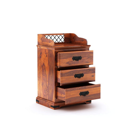 Royal Marwar Solid Sheesham Wood 3 Drawer Bedside Table | Wooden Nightstand Cabinet | Honey Finish & Walnut Finish