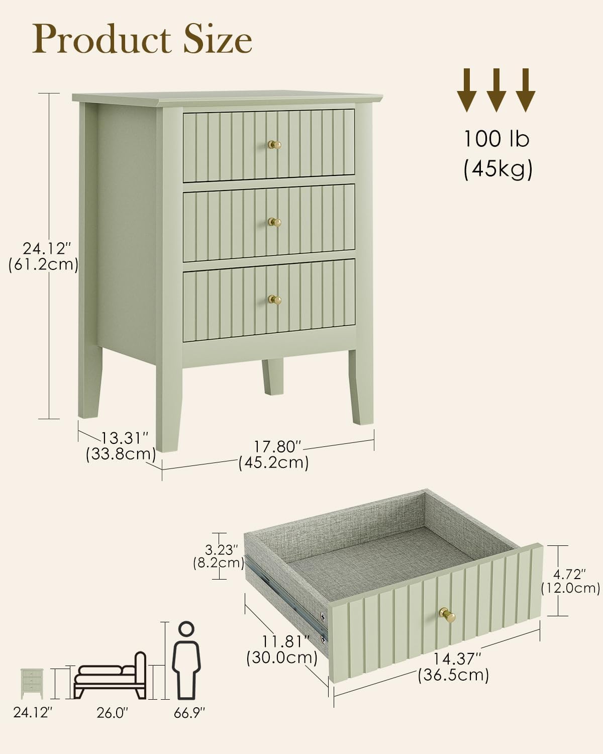 Royal Marwar Solid Mango Wood 3 Drawer Bedside Table | Honey Finish | Modern Nightstand for Bedroom