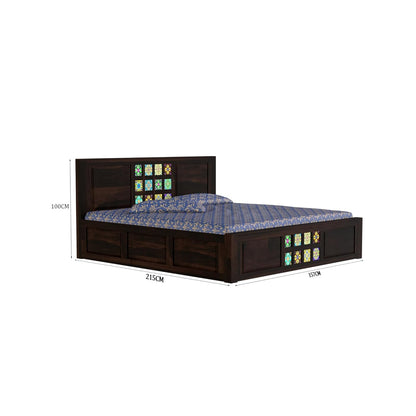 Royal Marwar Sheesham Wood Bed with Storage Box | Multicolor Tiles Design | Wooden Double Bed for Bedroom