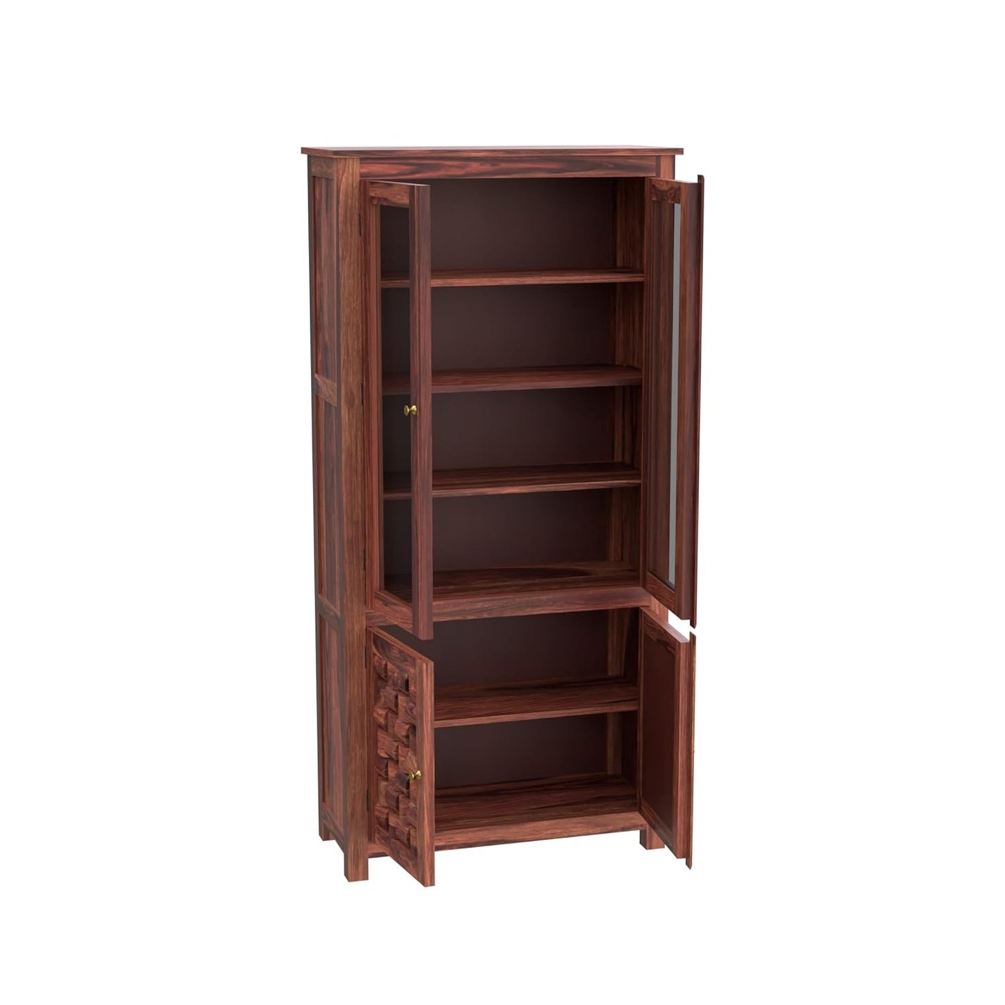 Solid Wood Glass Door Display Cabinet with Textured Wooden Storage Doors