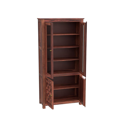 Solid Wood Glass Door Display Cabinet with Textured Wooden Storage Doors