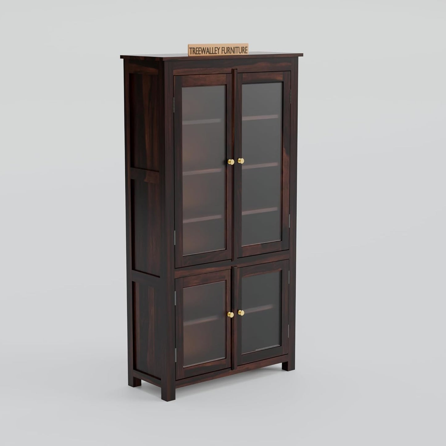 Solid Sheesham Wood Kitchen Cabinet with Glass Doors & Drawer