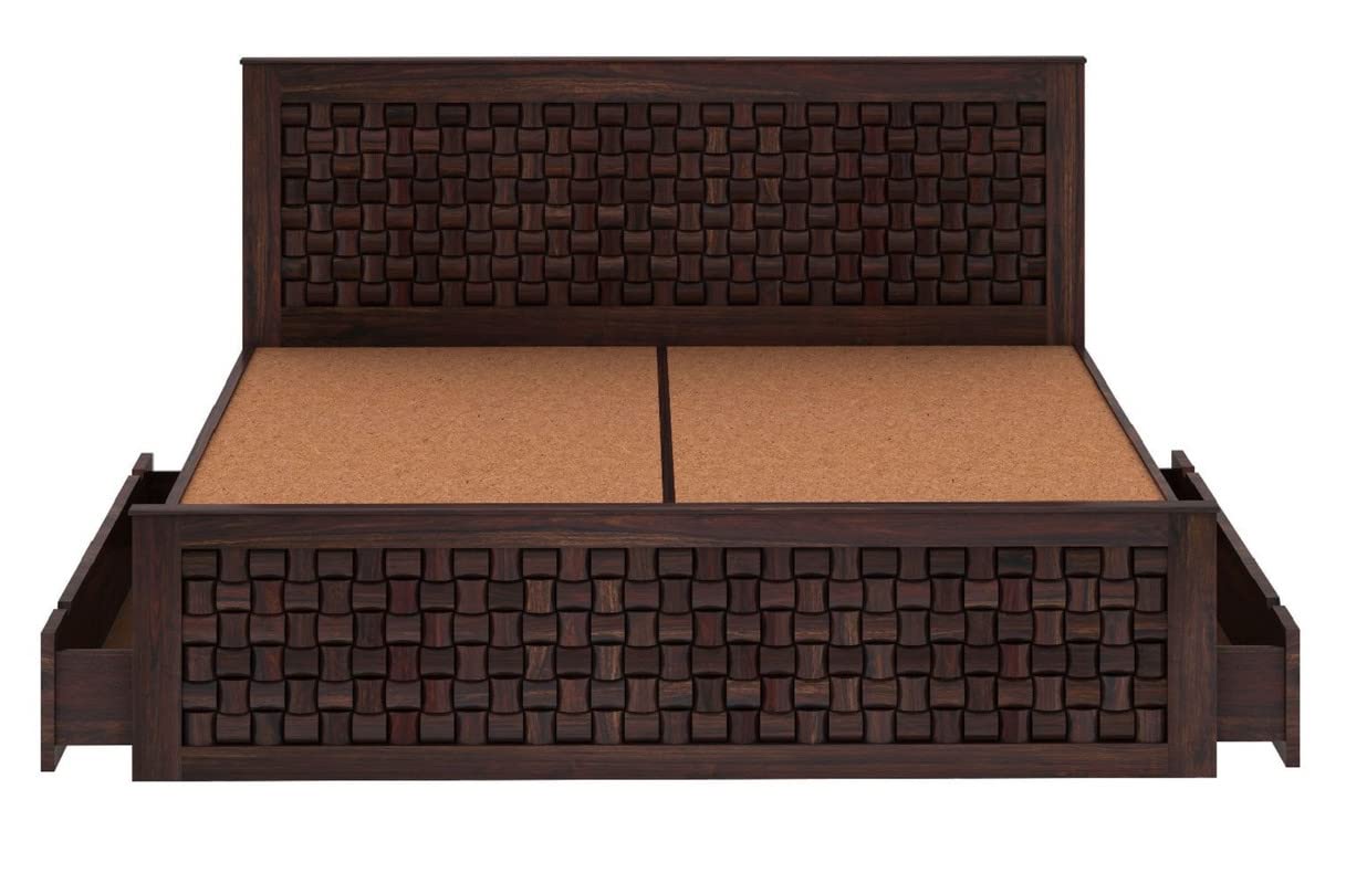 Royal Marwar Solid Sheesham Wood Queen Size Bed | Handcrafted Woven Panel Design | Premium Walnut Finish | Wooden Bed Storage box