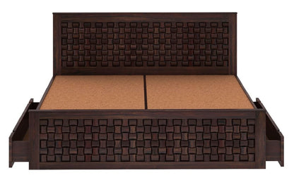 Royal Marwar Solid Sheesham Wood Queen Size Bed | Handcrafted Woven Panel Design | Premium Walnut Finish | Wooden Bed Storage box