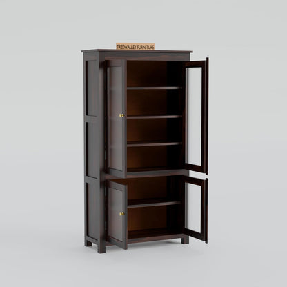 Solid Sheesham Wood Kitchen Cabinet with Glass Doors & Drawer