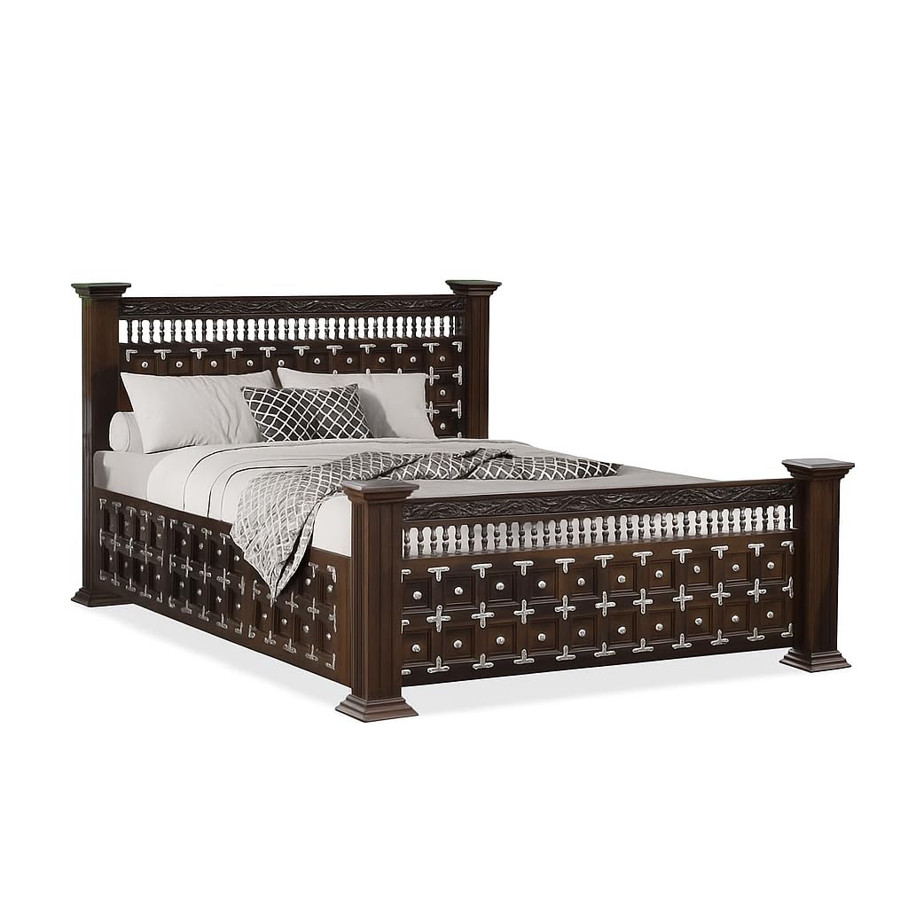 Maharaja Solid Sheesham Wood King Size Bed | Handcrafted Royal Wooden Bed | Traditional Indian Carved Design | Metal Stud Detailing | Dark Walnut Finish