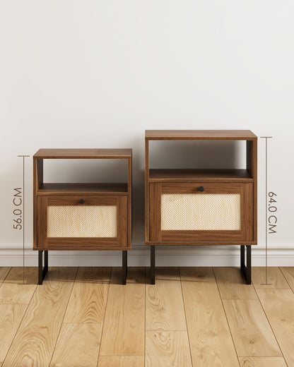 Royal Marwar Solid Mango Wood Bedside Table with Rattan Sliding Door & Open Shelf | Walnut Finish | Modern Nightstand