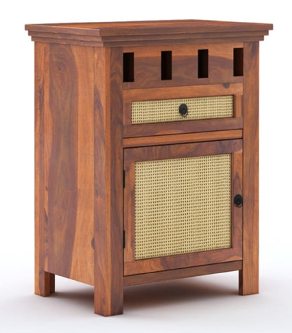 Royal Marwar Solid Sheesham Wood Bedside Table with Cane Door & Drawer | Nightstand | Honey Finish & Walnut Finish