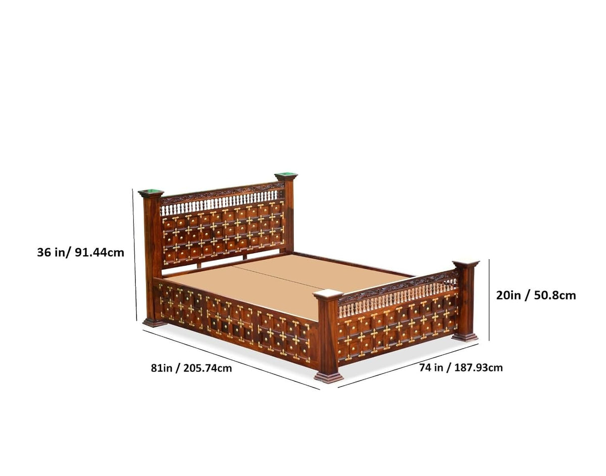 Maharaja Solid Sheesham Wood King Size Bed | Handcrafted Royal Wooden Bed | Traditional Indian Carved Design | Metal Stud Detailing | Dark Walnut Finish