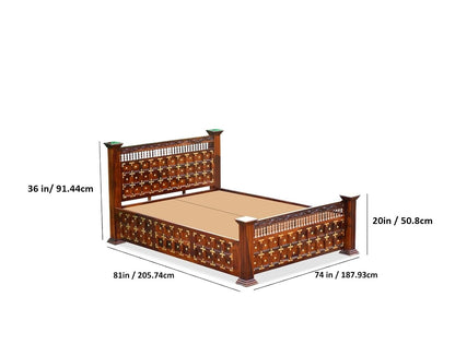 Maharaja Solid Sheesham Wood King Size Bed | Handcrafted Royal Wooden Bed | Traditional Indian Carved Design | Metal Stud Detailing | Dark Walnut Finish