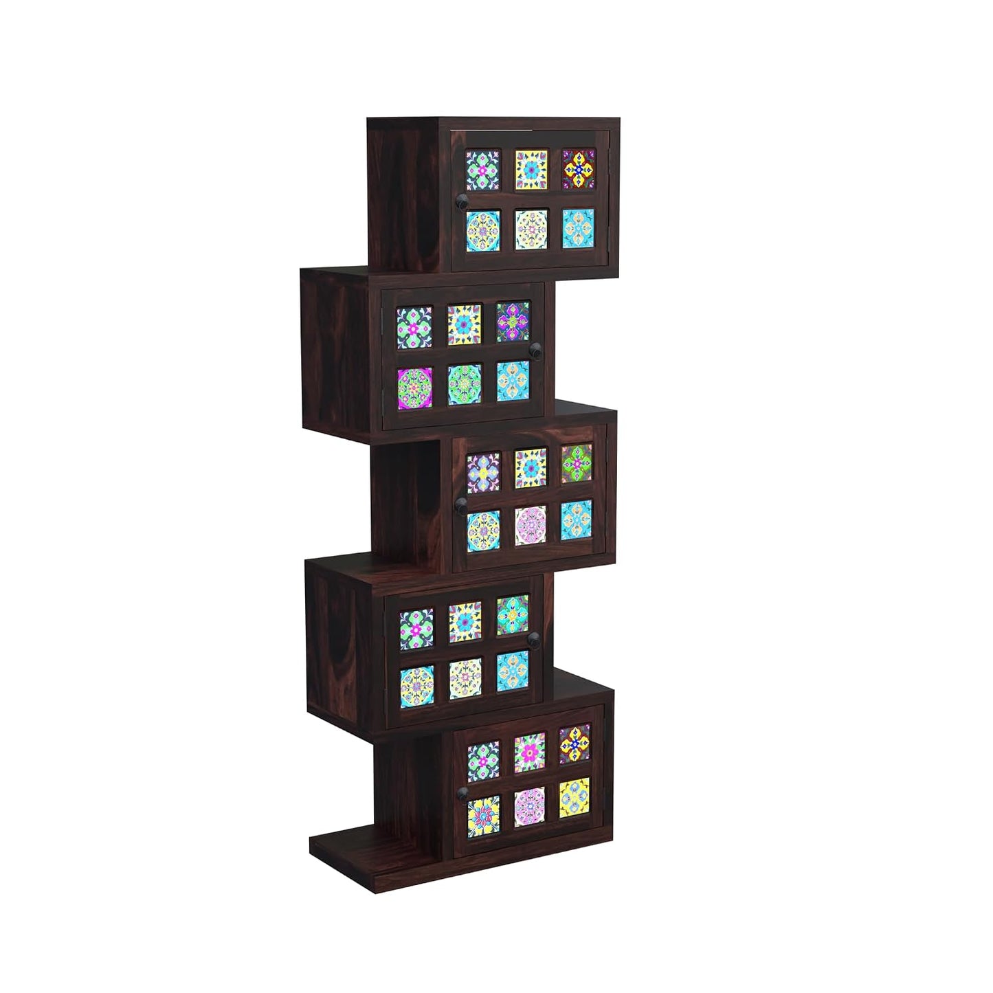 Royal Marwar Solid Sheesham Wood Bookcase | 5 Door Wooden Display Cabinet | Handcrafted Multicolor Tile Storage Shelf | Honey Finish