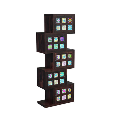 Royal Marwar Solid Sheesham Wood Bookcase | 5 Door Wooden Display Cabinet | Handcrafted Multicolor Tile Storage Shelf | Honey Finish