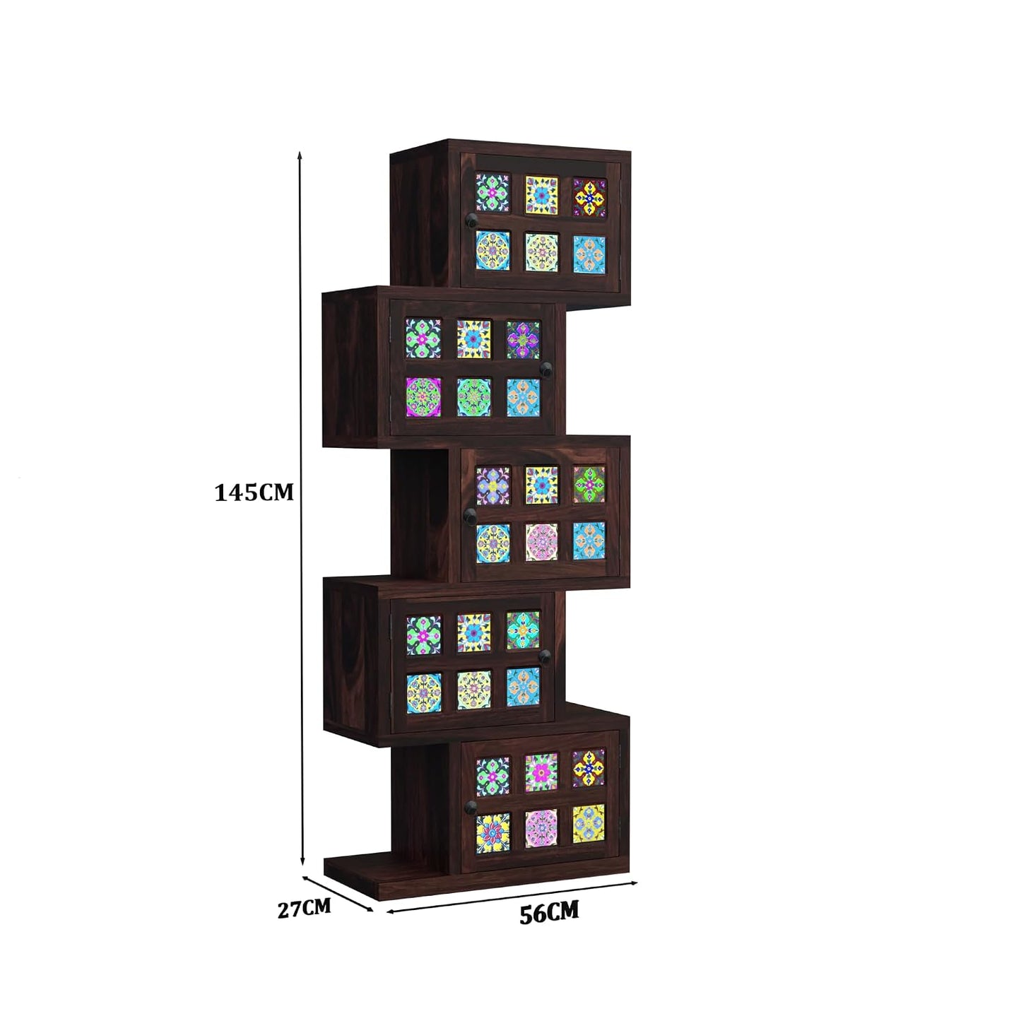 Royal Marwar Solid Sheesham Wood Bookcase | 5 Door Wooden Display Cabinet | Handcrafted Multicolor Tile Storage Shelf | Honey Finish