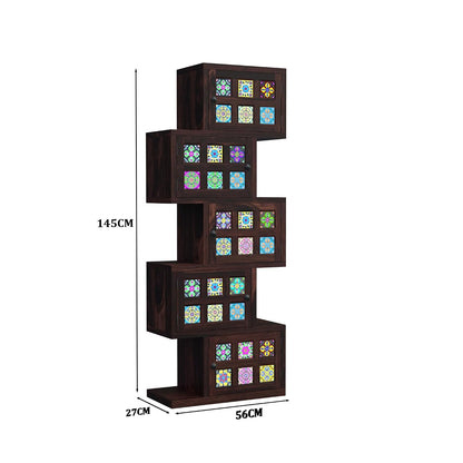 Royal Marwar Solid Sheesham Wood Bookcase | 5 Door Wooden Display Cabinet | Handcrafted Multicolor Tile Storage Shelf | Honey Finish