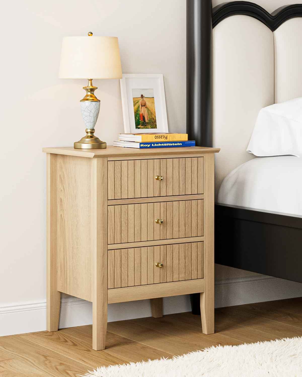 Royal Marwar Solid Mango Wood 3 Drawer Bedside Table | Honey Finish | Modern Nightstand for Bedroom
