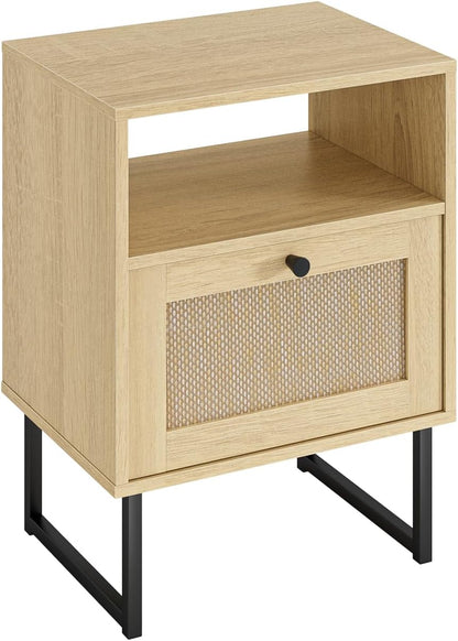 Royal Marwar Solid Mango Wood Bedside Table with Rattan Drawer & Open Shelf | Natural Finish | Modern Nightstand