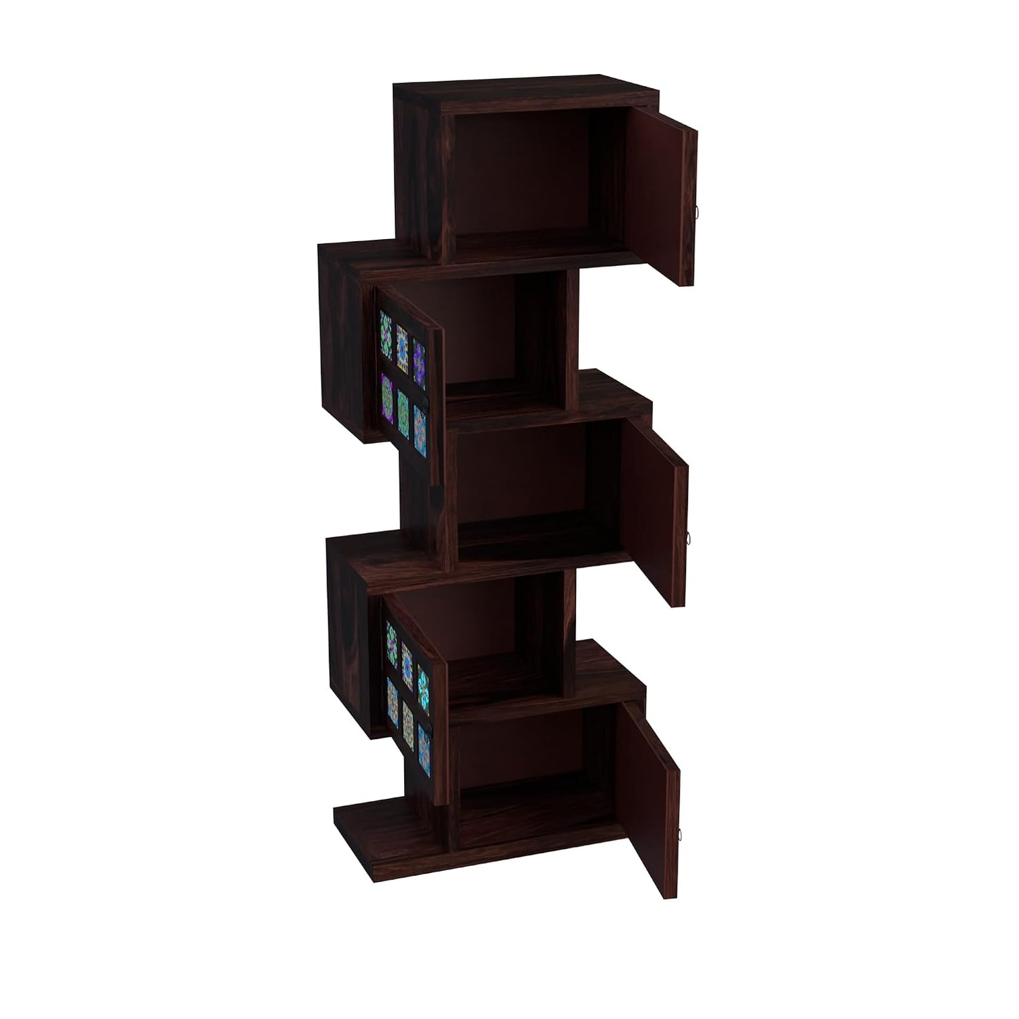 Royal Marwar Solid Sheesham Wood Bookcase | 5 Door Wooden Display Cabinet | Handcrafted Multicolor Tile Storage Shelf | Honey Finish
