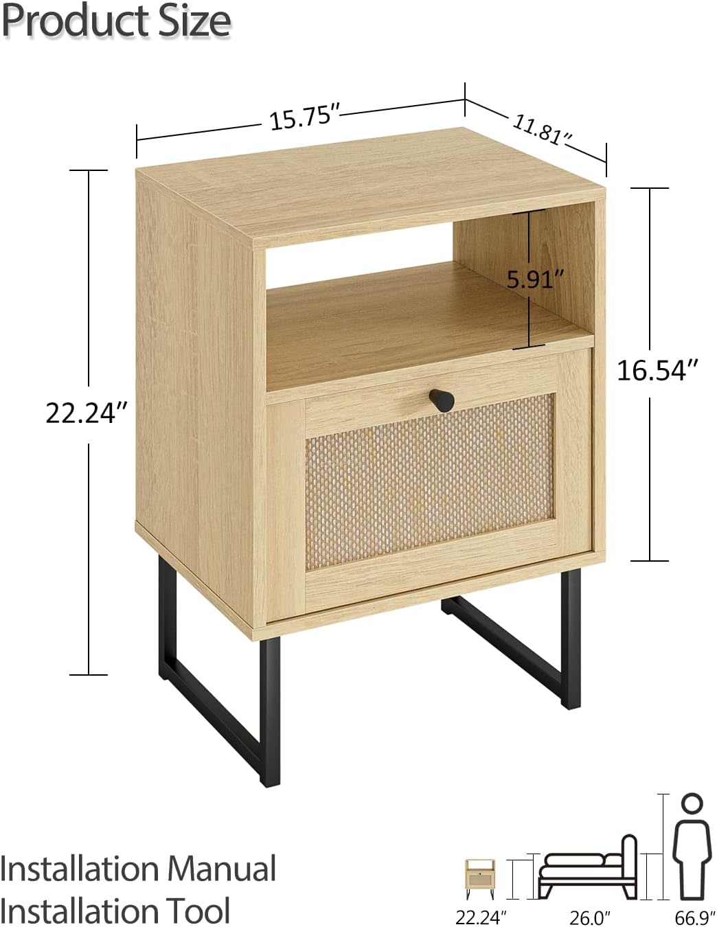Royal Marwar Solid Mango Wood Bedside Table with Rattan Drawer & Open Shelf | Natural Finish | Modern Nightstand