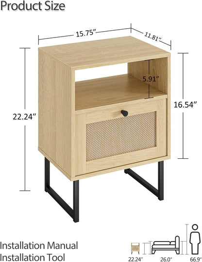 Royal Marwar Solid Mango Wood Bedside Table with Rattan Drawer & Open Shelf | Natural Finish | Modern Nightstand