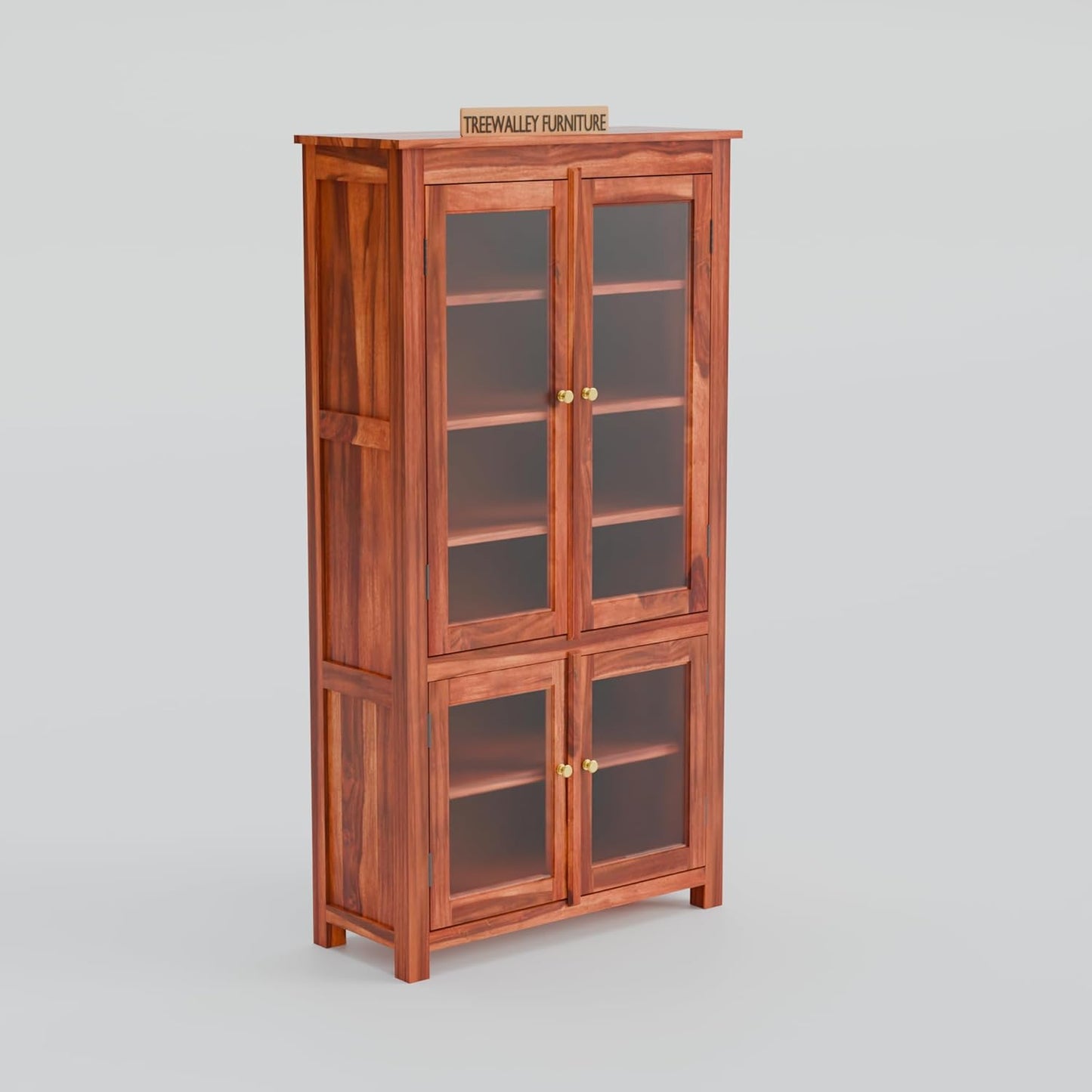 Solid Sheesham Wood Kitchen Cabinet with Glass Doors & Drawer