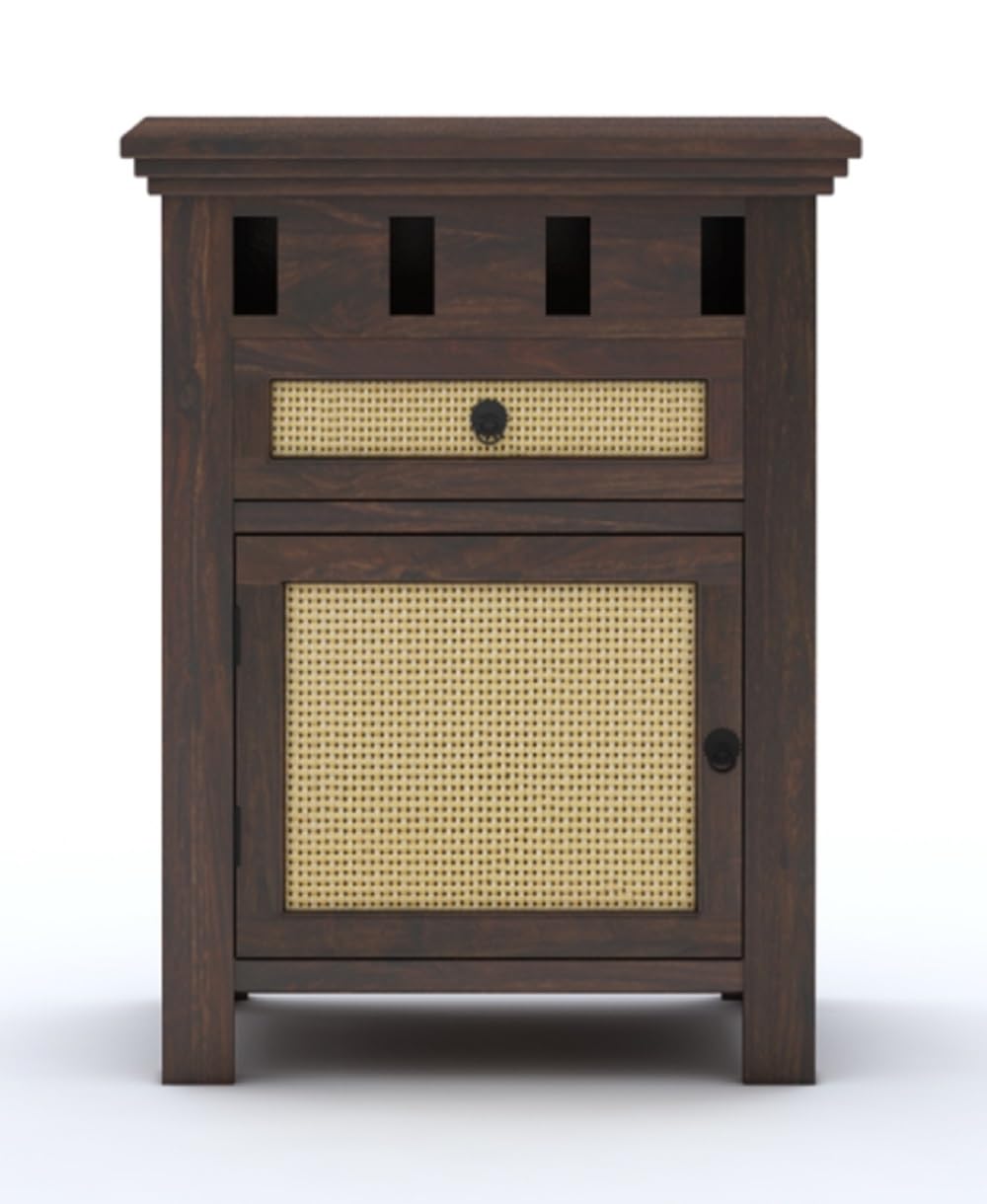 Royal Marwar Solid Sheesham Wood Bedside Table with Cane Door & Drawer | Nightstand | Honey Finish & Walnut Finish