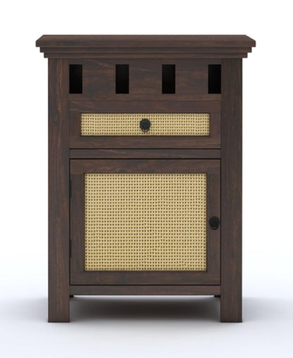 Royal Marwar Solid Sheesham Wood Bedside Table with Cane Door & Drawer | Nightstand | Honey Finish & Walnut Finish
