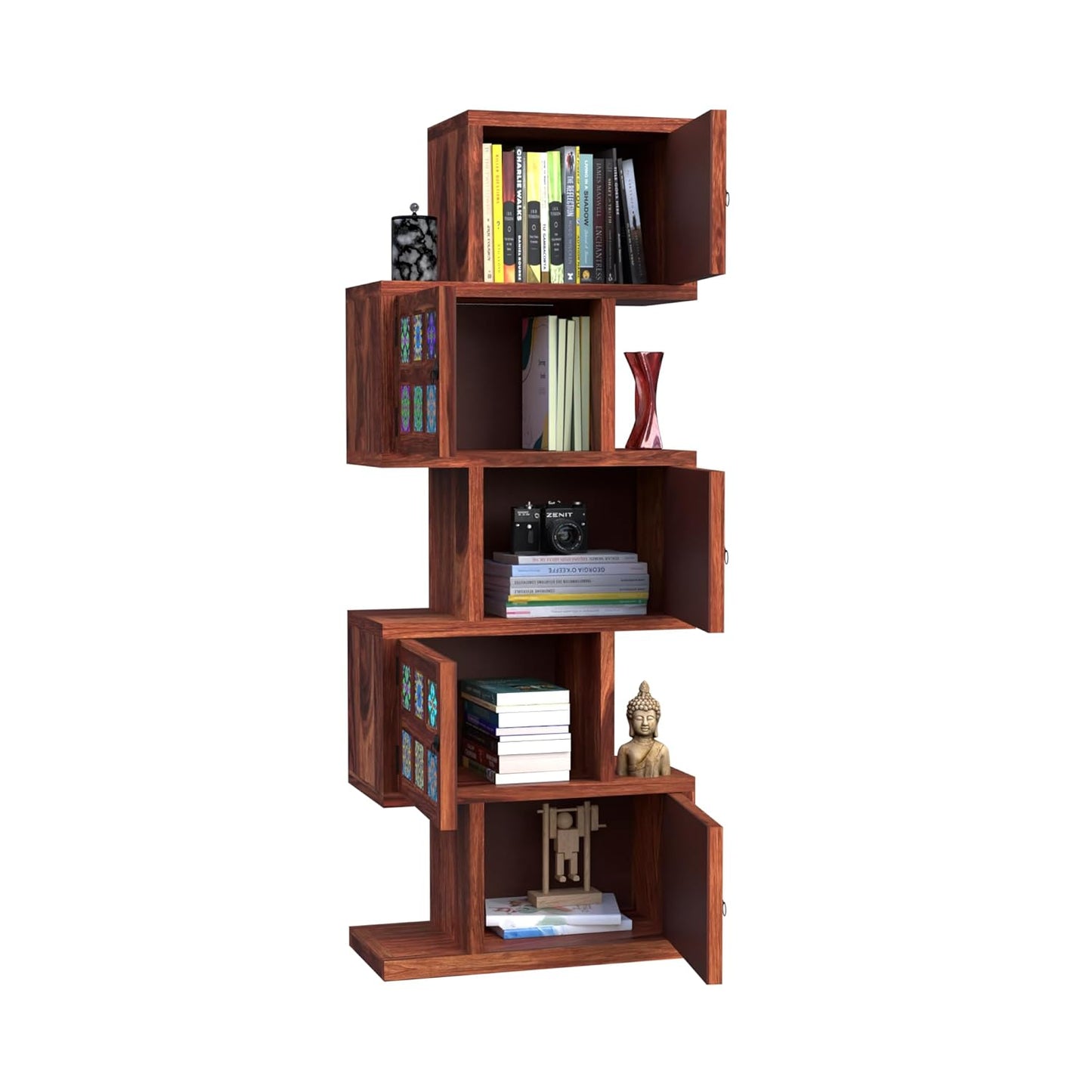 Royal Marwar Solid Sheesham Wood Bookcase | 5 Door Wooden Display Cabinet | Handcrafted Multicolor Tile Storage Shelf | Honey Finish