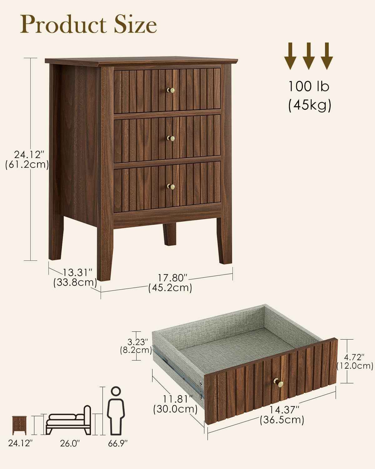 Royal Marwar Solid Mango Wood 3 Drawer Bedside Table | Honey Finish | Modern Nightstand for Bedroom