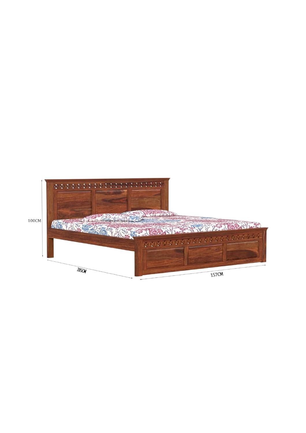 Royal Marwar Solid Sheesham Wood Queen Size Bed | Handcrafted Panel Design | Premium Honey Finish | Wooden Bed Without Storage