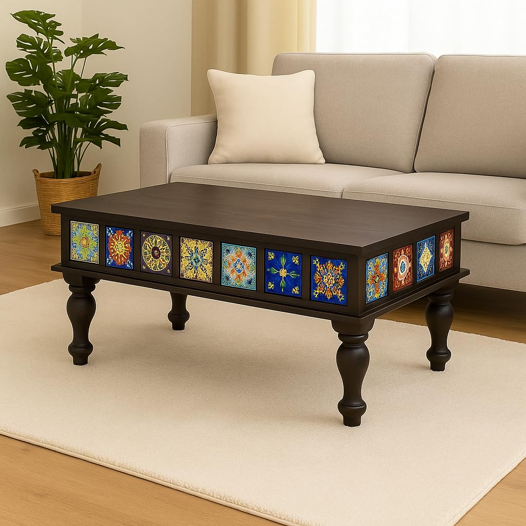 Royal Marwar Sheesham Wood Rectangle Center Coffee Table | Multicolor Tiles Design | Living Room