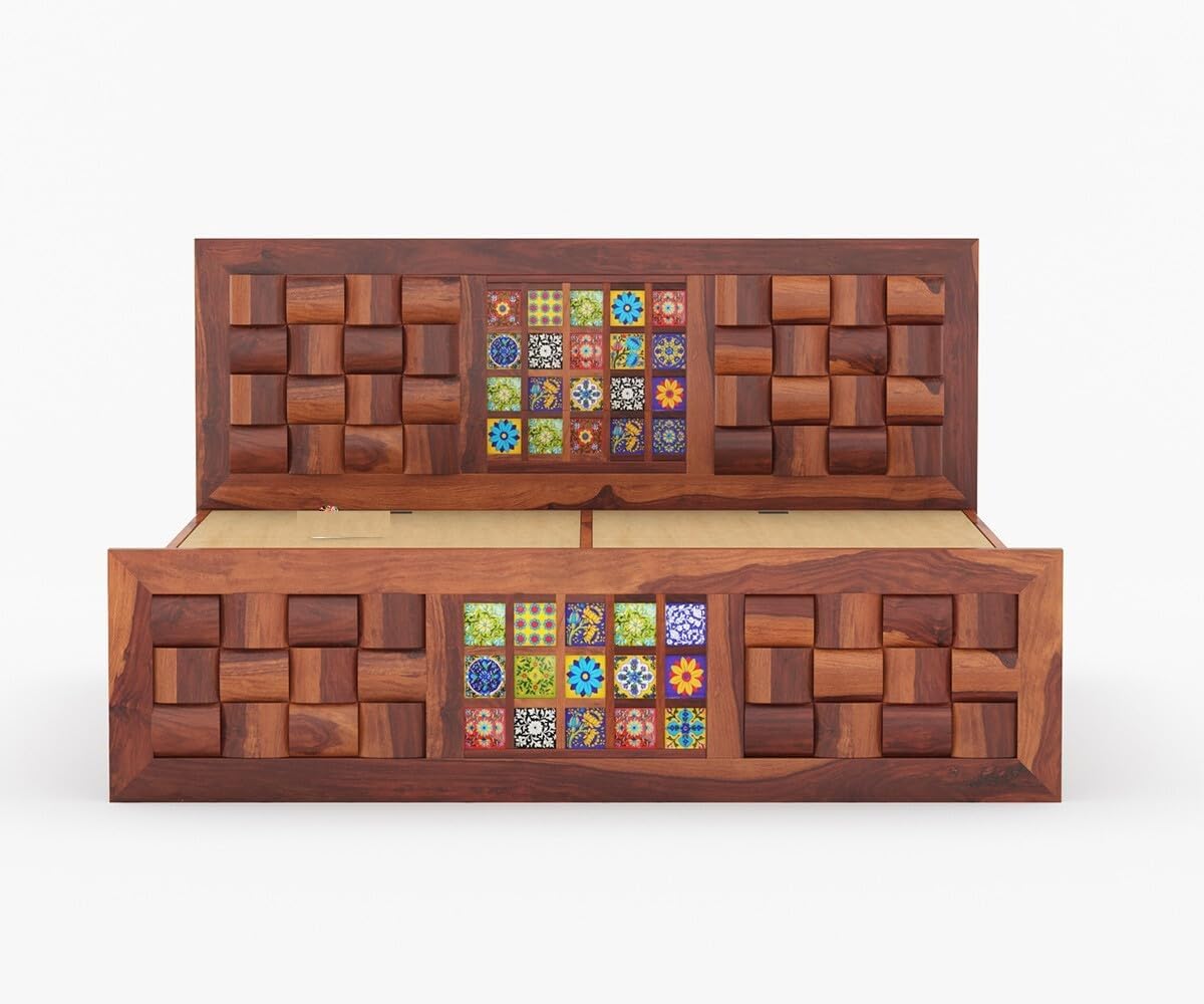 Royal Marwar Solid Sheesham Wood Queen Size Storage Bed | Decorative Tile Panel Design | Premium Honey Finish | Wooden Bed with Box Storage
