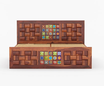 Royal Marwar Solid Sheesham Wood Queen Size Storage Bed | Decorative Tile Panel Design | Premium Honey Finish | Wooden Bed with Box Storage