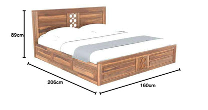 Royal Marwar Sheesham Wood Bed with Storage Box | Circular Geometric Design | Natural Finish | Wooden Double Bed