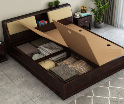 Royal Marwar Solid Sheesham Wood King Size Storage Bed | Upholstered Headboard | Premium Walnut Finish
