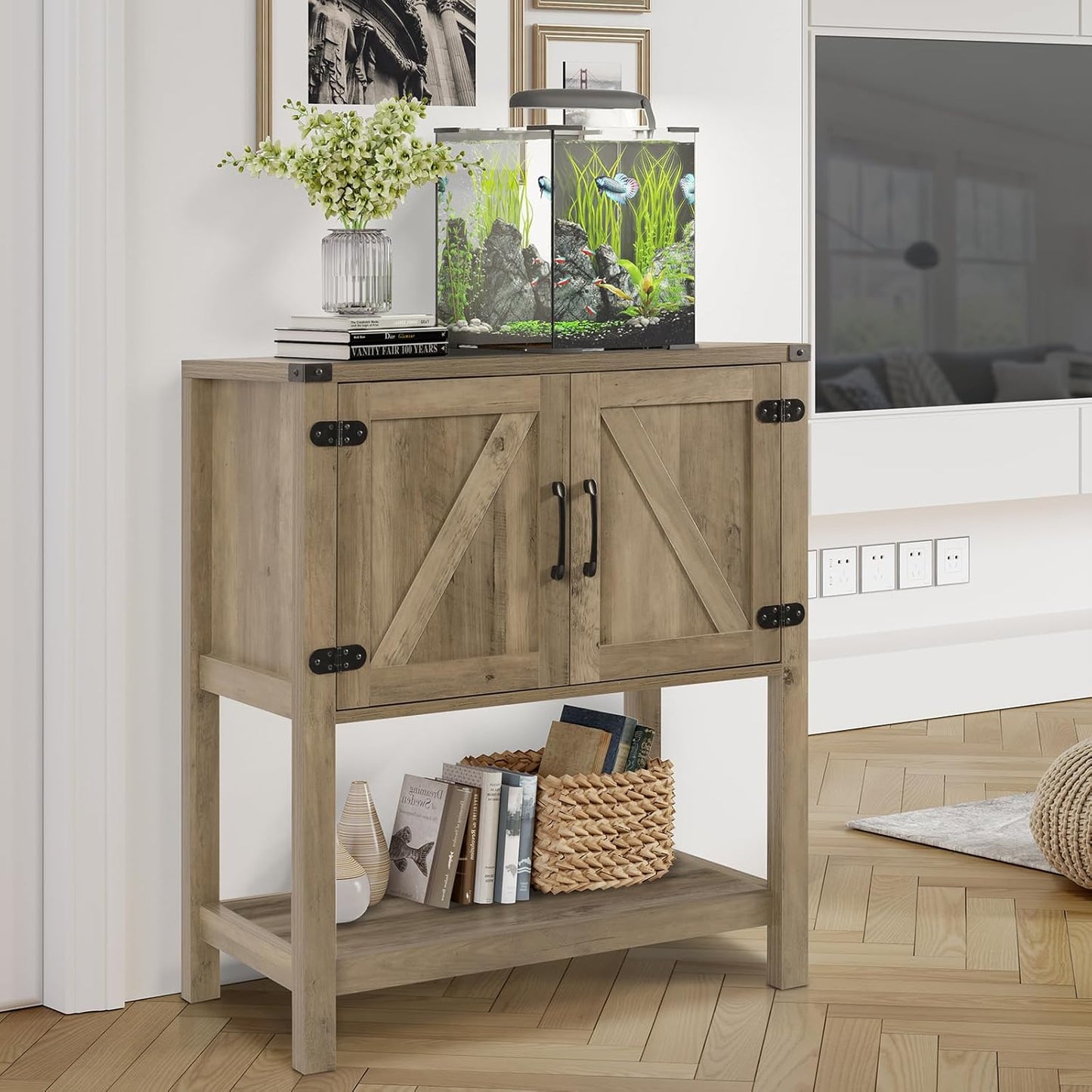 Light oak entryway console table with storage cabinet, two shelves, black metal handles