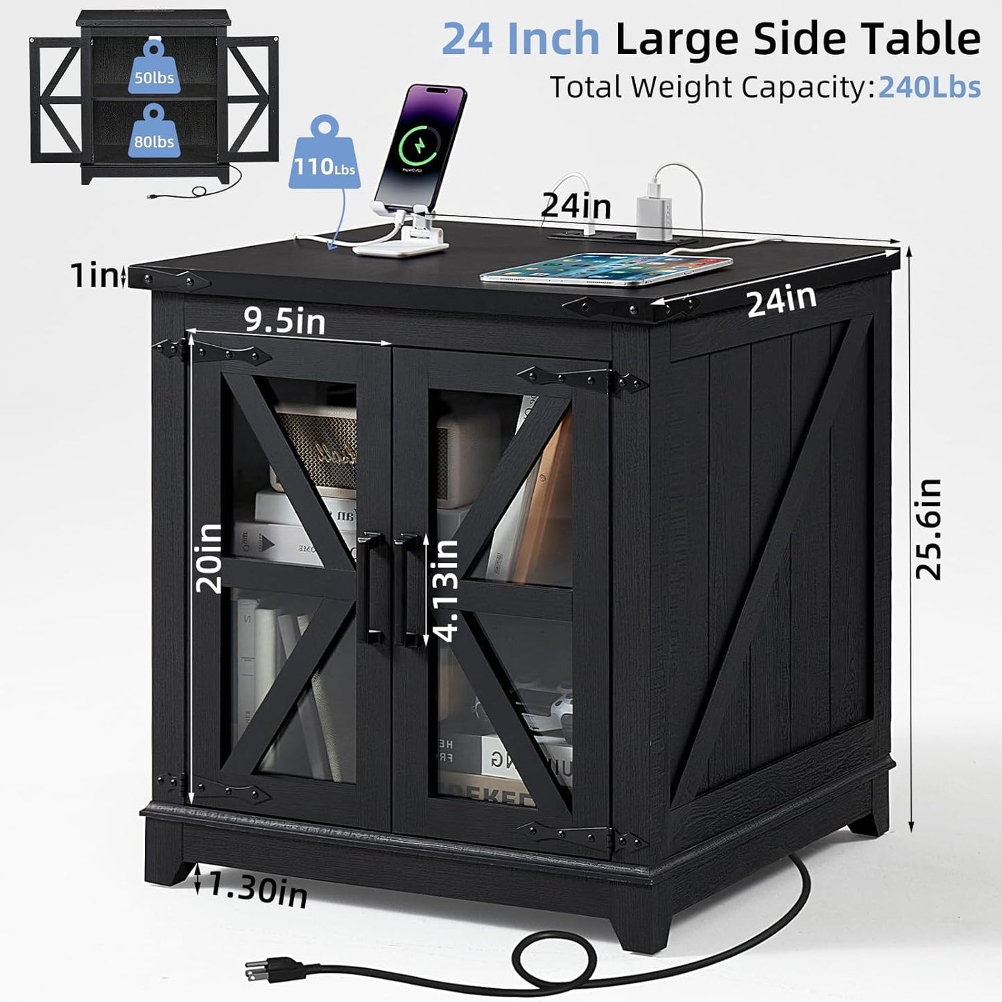 Royal Marwar Solid Mango Wood Side Table | Bedside Table with 2 Glass Door Storage Cabinet | Black Finish